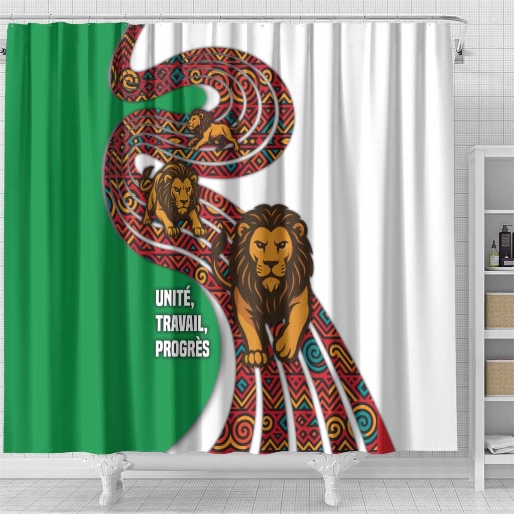 Burundi Lion Tribal Pattern Shower Curtain with National Motto Unité Travail Progrès