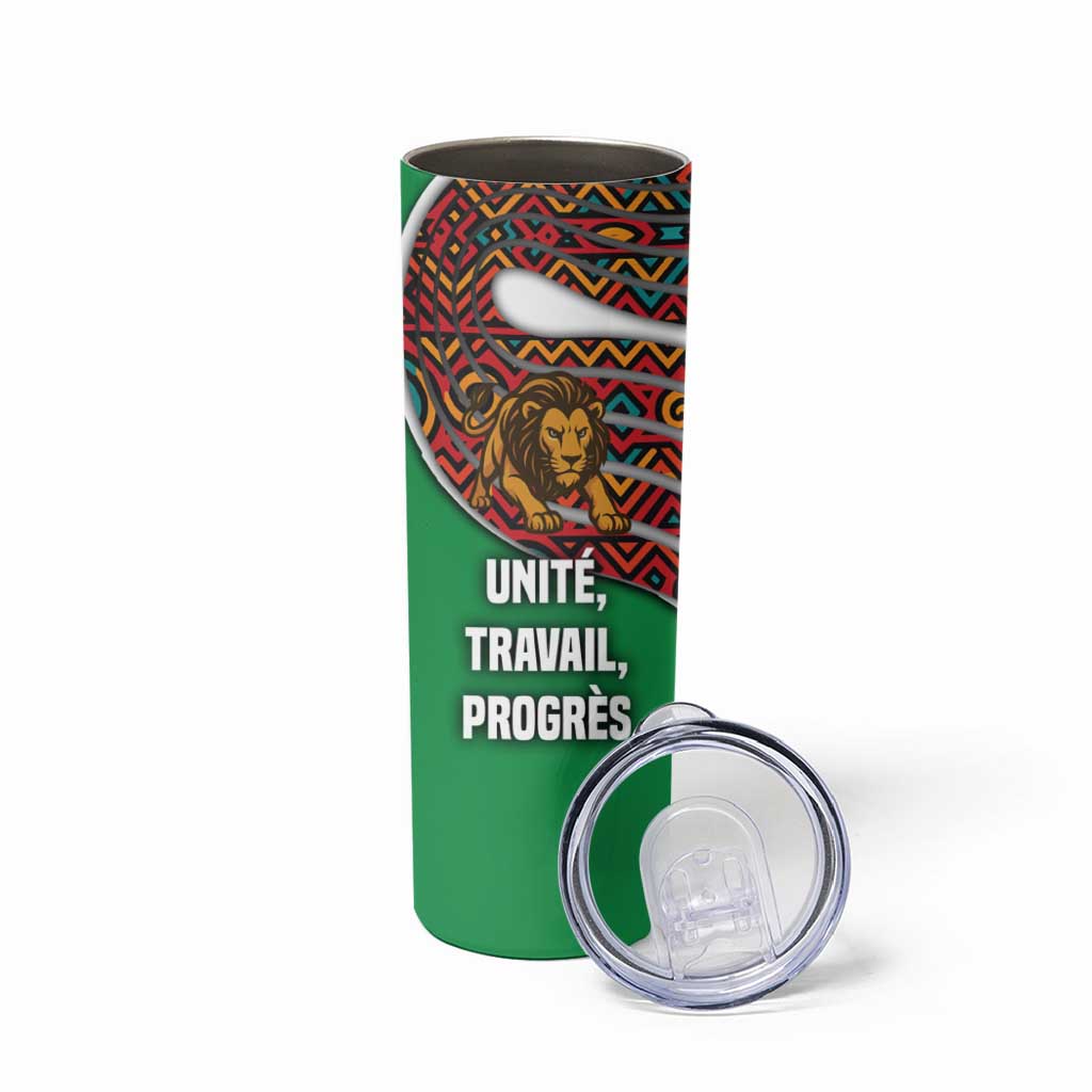 Burundi Lion Tribal Pattern Skinny Tumbler with National Motto Unité Travail Progrès