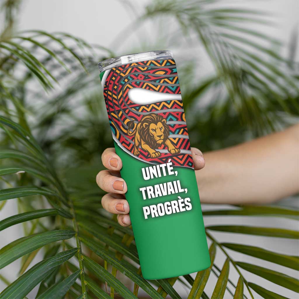 Burundi Lion Tribal Pattern Skinny Tumbler with National Motto Unité Travail Progrès