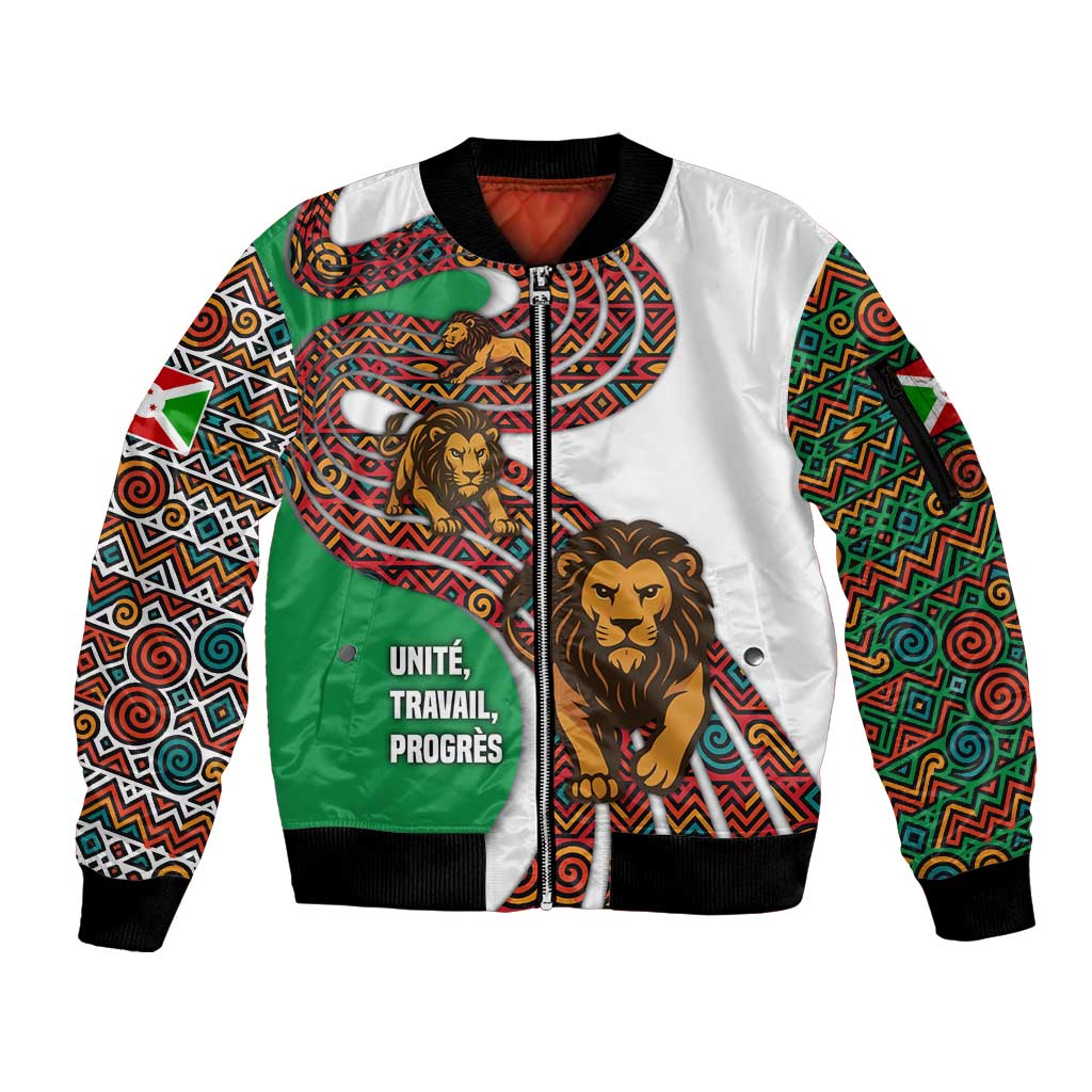 Burundi Lion Tribal Pattern Sleeve Zip Bomber Jacket with National Motto Unité Travail Progrès