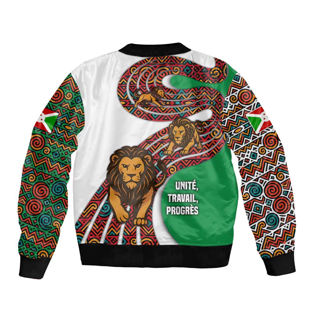 Burundi Lion Tribal Pattern Sleeve Zip Bomber Jacket with National Motto Unité Travail Progrès