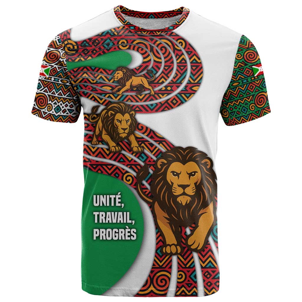 Burundi Lion Tribal Pattern T Shirt with National Motto Unité Travail Progrès