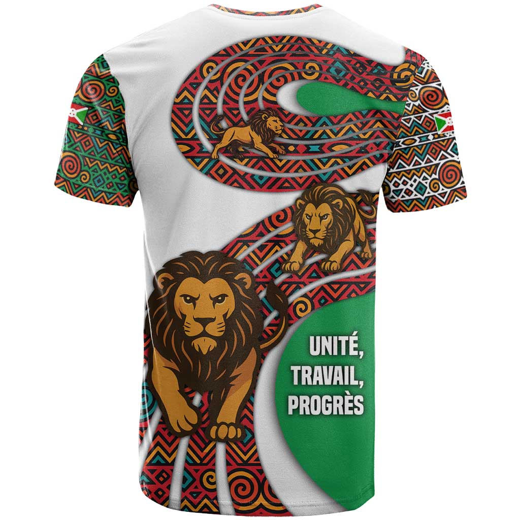 Burundi Lion Tribal Pattern T Shirt with National Motto Unité Travail Progrès