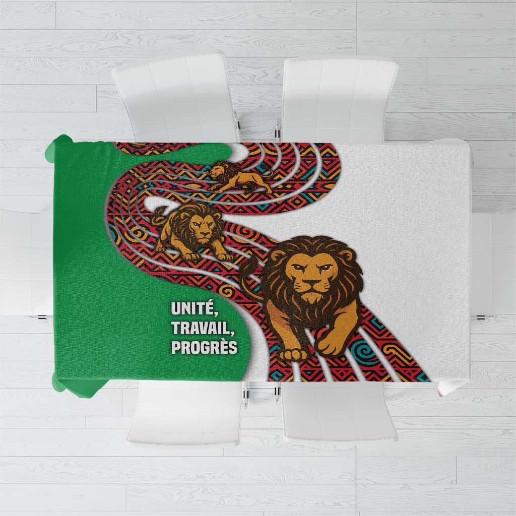 Burundi Lion Tribal Pattern Tablecloth with National Motto Unité Travail Progrès