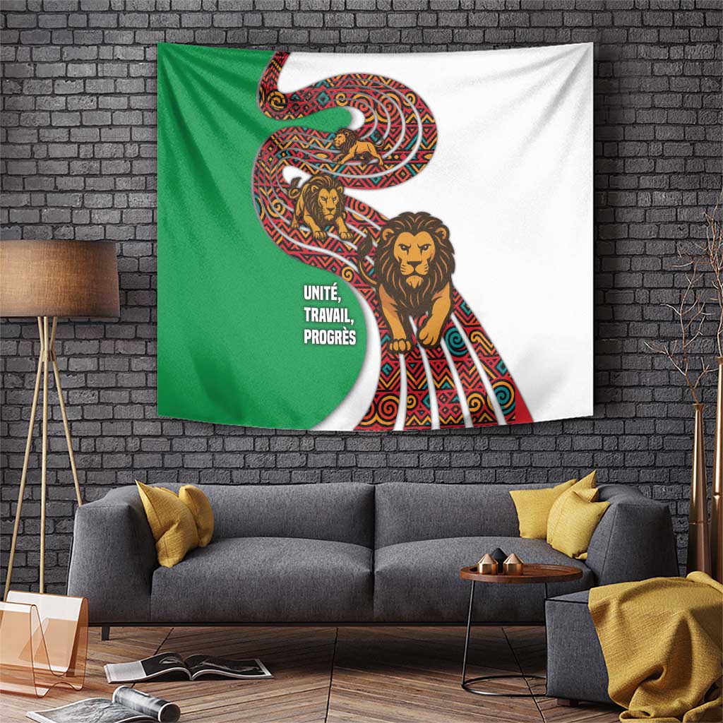 Burundi Lion Tribal Pattern Tapestry with National Motto Unité Travail Progrès
