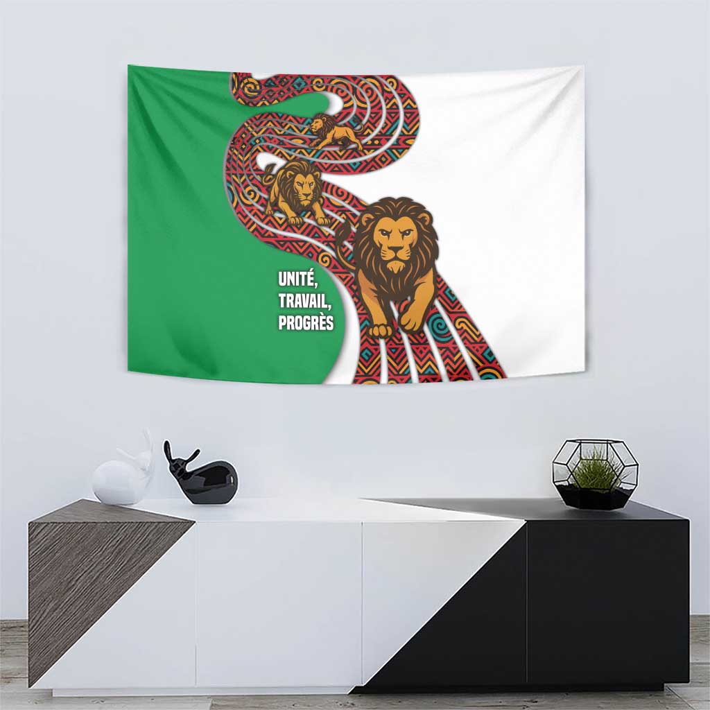 Burundi Lion Tribal Pattern Tapestry with National Motto Unité Travail Progrès