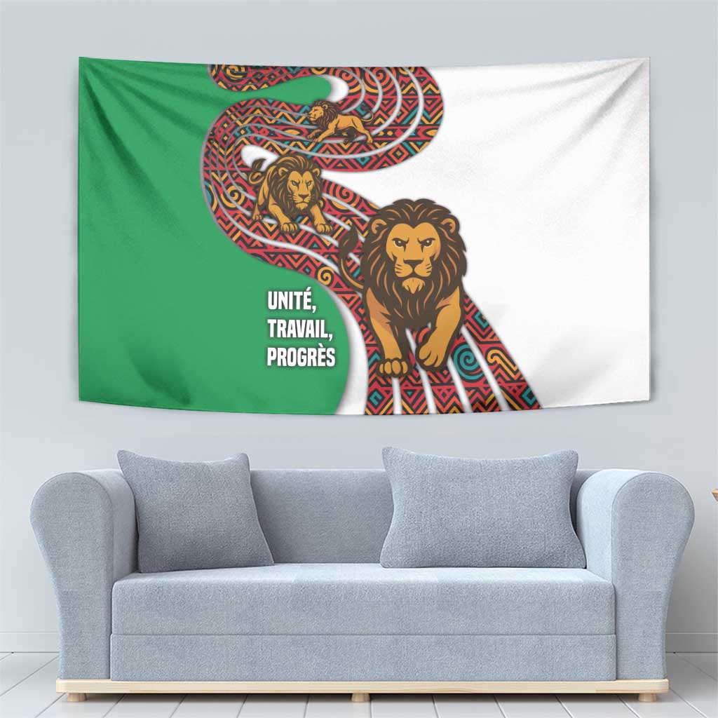 Burundi Lion Tribal Pattern Tapestry with National Motto Unité Travail Progrès