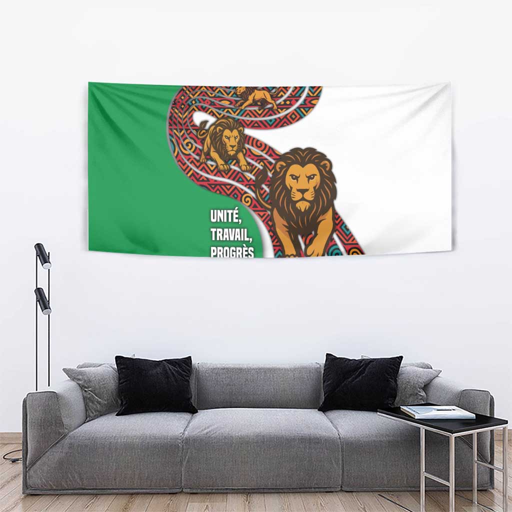 Burundi Lion Tribal Pattern Tapestry with National Motto Unité Travail Progrès