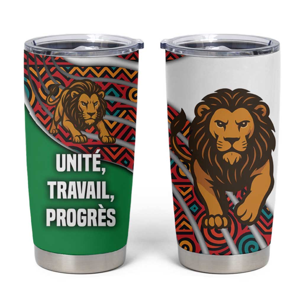 Burundi Lion Tribal Pattern Tumbler Cup with National Motto Unité Travail Progrès