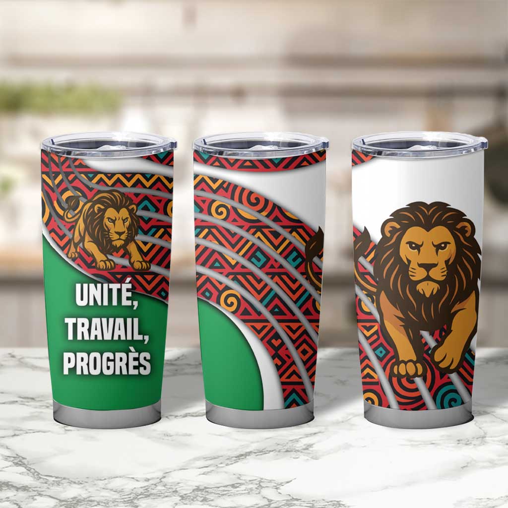 Burundi Lion Tribal Pattern Tumbler Cup with National Motto Unité Travail Progrès
