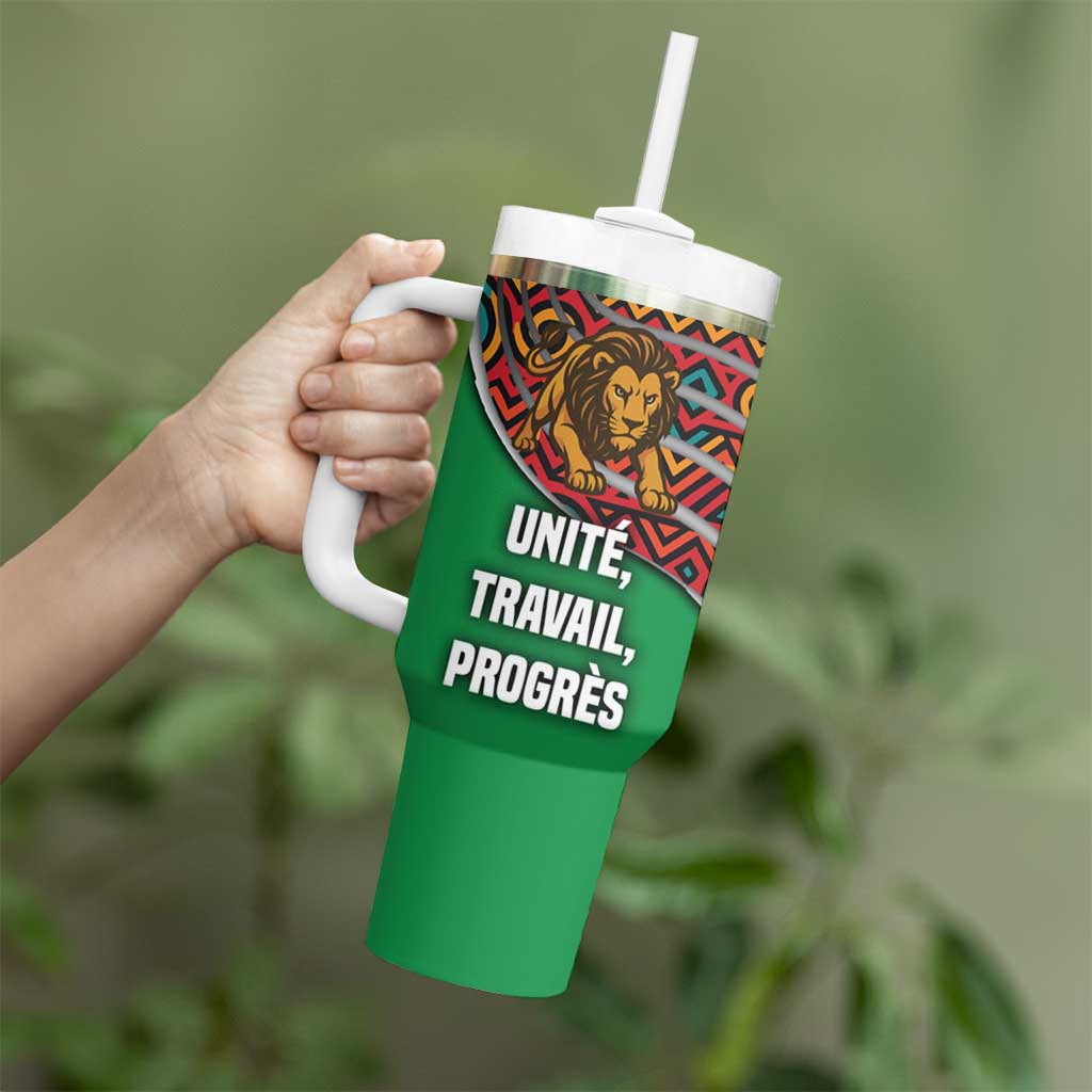 Burundi Lion Tribal Pattern Tumbler With Handle with National Motto Unité Travail Progrès