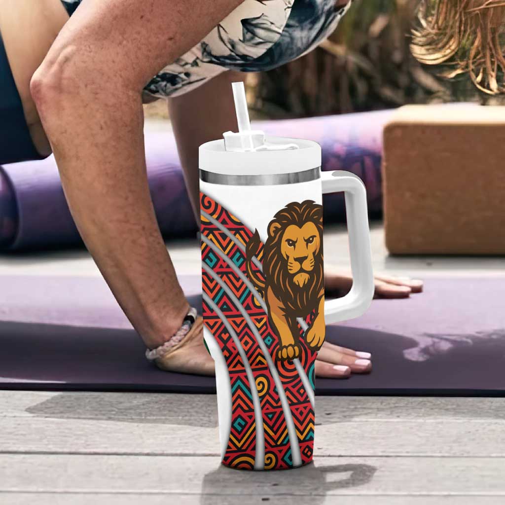 Burundi Lion Tribal Pattern Tumbler With Handle with National Motto Unité Travail Progrès