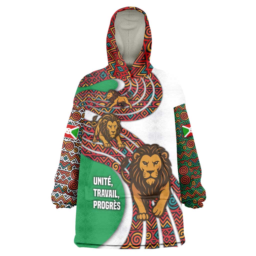 Burundi Lion Tribal Pattern Wearable Blanket Hoodie with National Motto Unité Travail Progrès