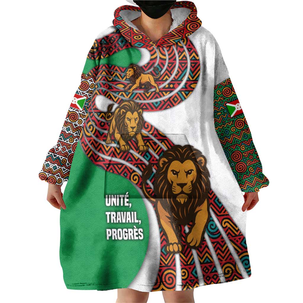 Burundi Lion Tribal Pattern Wearable Blanket Hoodie with National Motto Unité Travail Progrès
