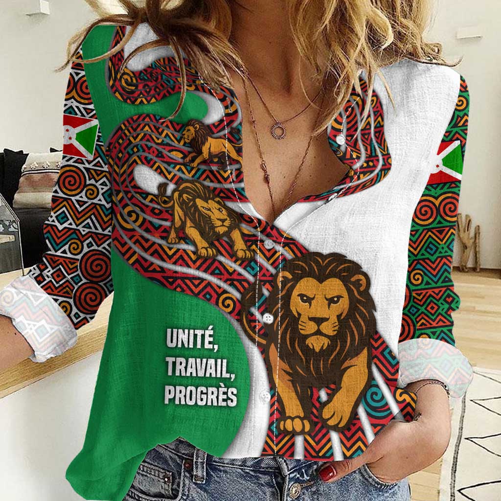 Burundi Lion Tribal Pattern Women Casual Shirt with National Motto Unité Travail Progrès