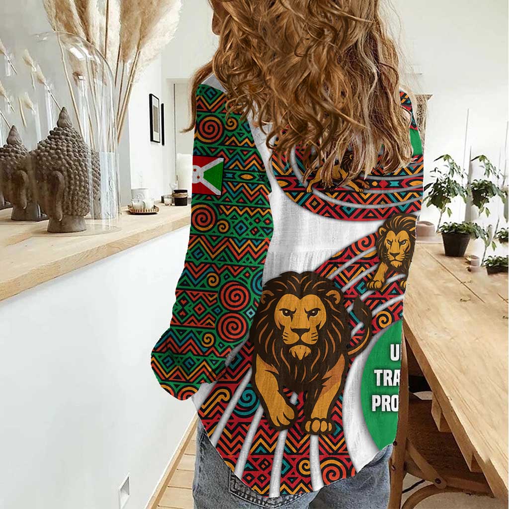 Burundi Lion Tribal Pattern Women Casual Shirt with National Motto Unité Travail Progrès