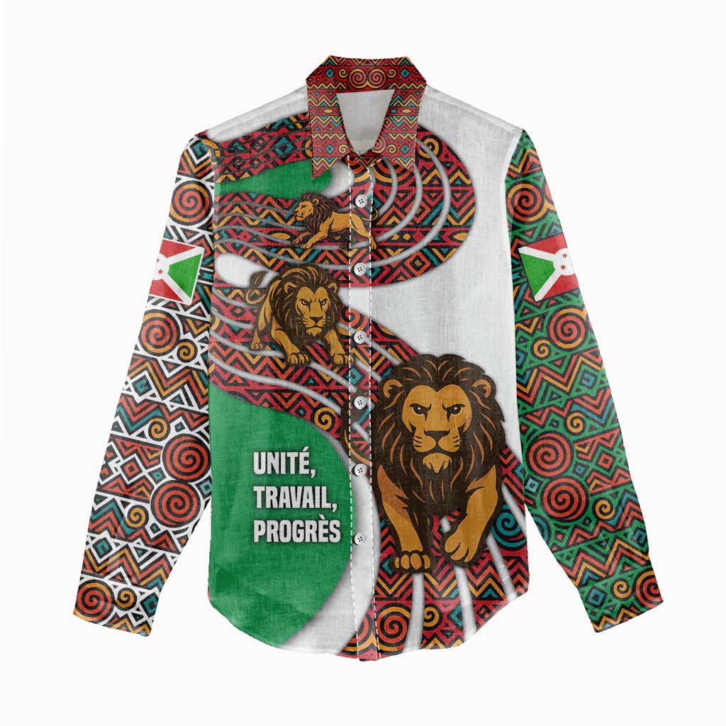 Burundi Lion Tribal Pattern Women Casual Shirt with National Motto Unité Travail Progrès