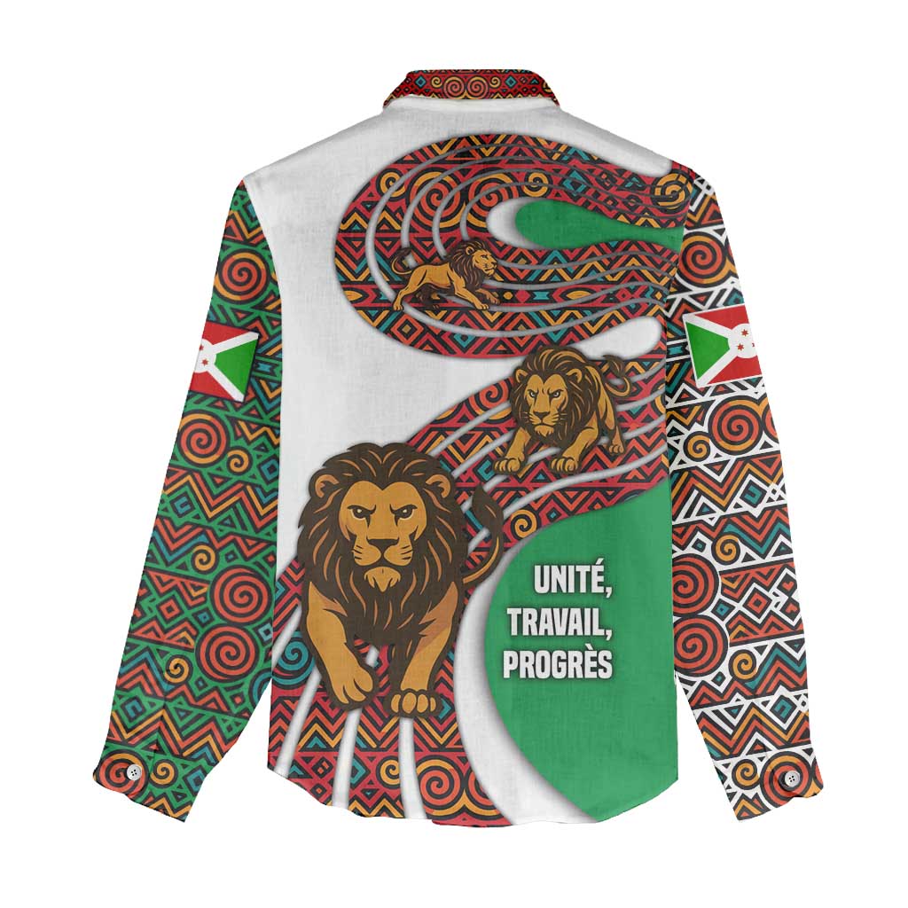 Burundi Lion Tribal Pattern Women Casual Shirt with National Motto Unité Travail Progrès