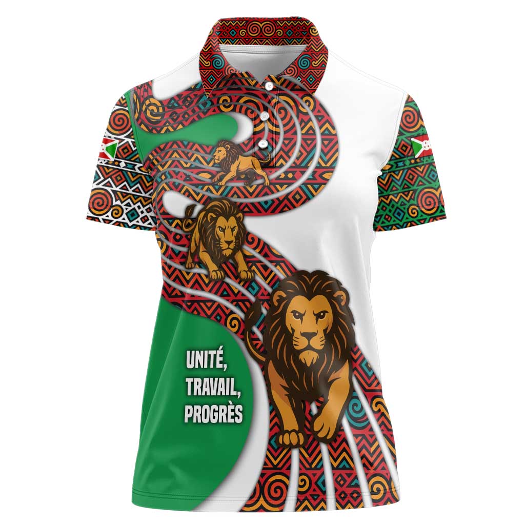 Burundi Lion Tribal Pattern Women Polo Shirt with National Motto Unité Travail Progrès