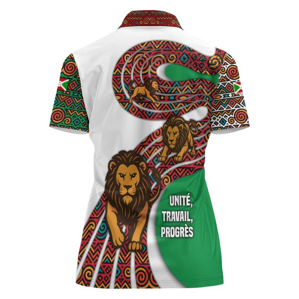 Burundi Lion Tribal Pattern Women Polo Shirt with National Motto Unité Travail Progrès