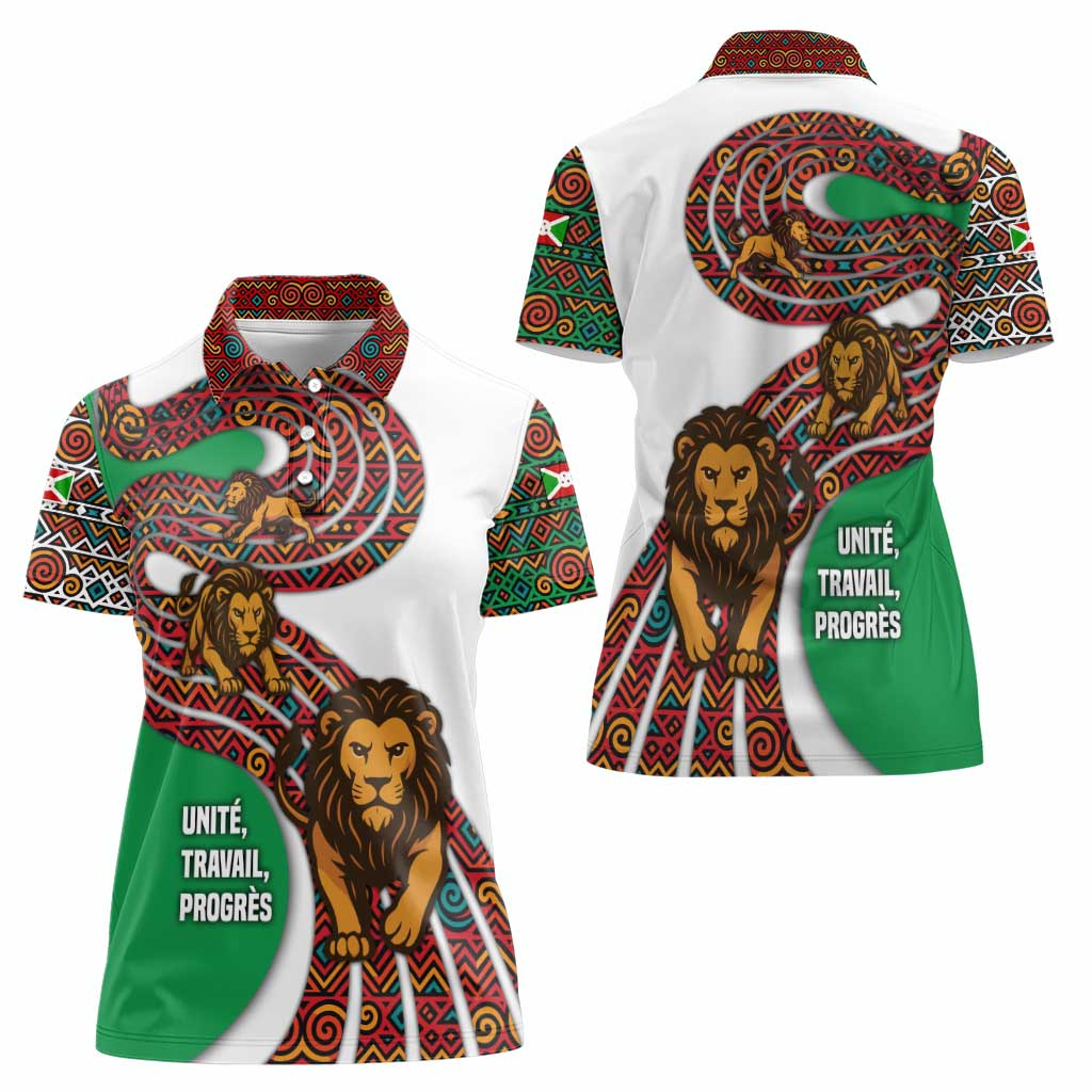Burundi Lion Tribal Pattern Women Polo Shirt with National Motto Unité Travail Progrès