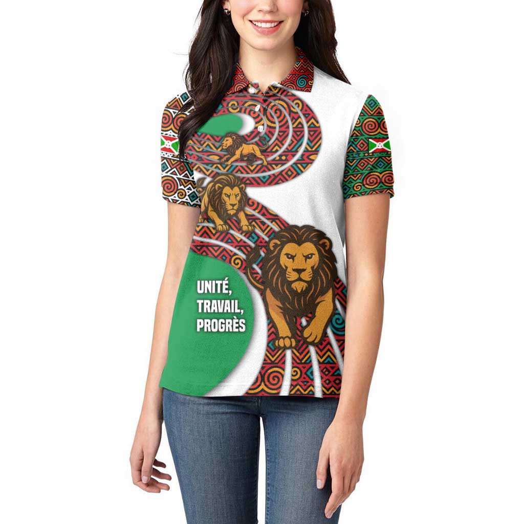 Burundi Lion Tribal Pattern Women Polo Shirt with National Motto Unité Travail Progrès