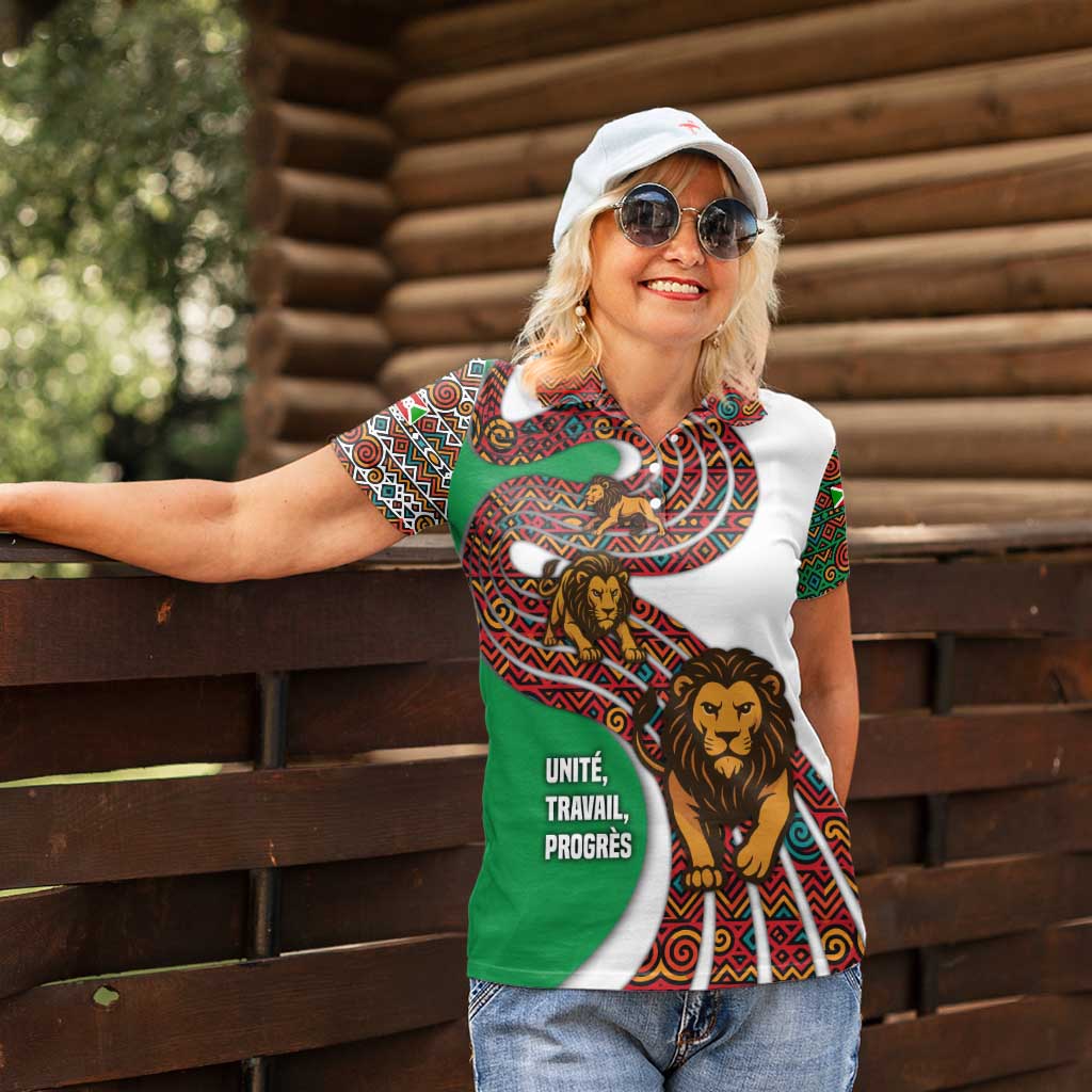 Burundi Lion Tribal Pattern Women Polo Shirt with National Motto Unité Travail Progrès