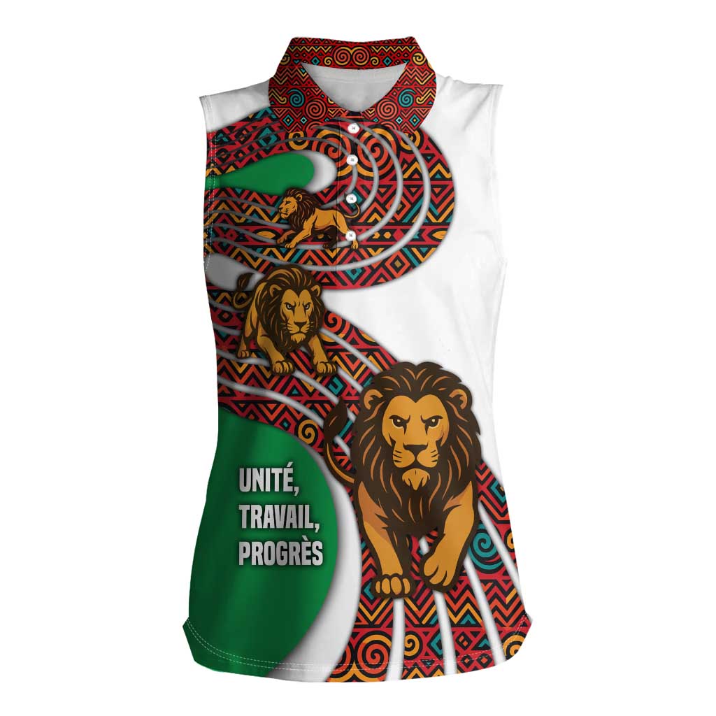 Burundi Lion Tribal Pattern Women Sleeveless Polo Shirt with National Motto Unité Travail Progrès
