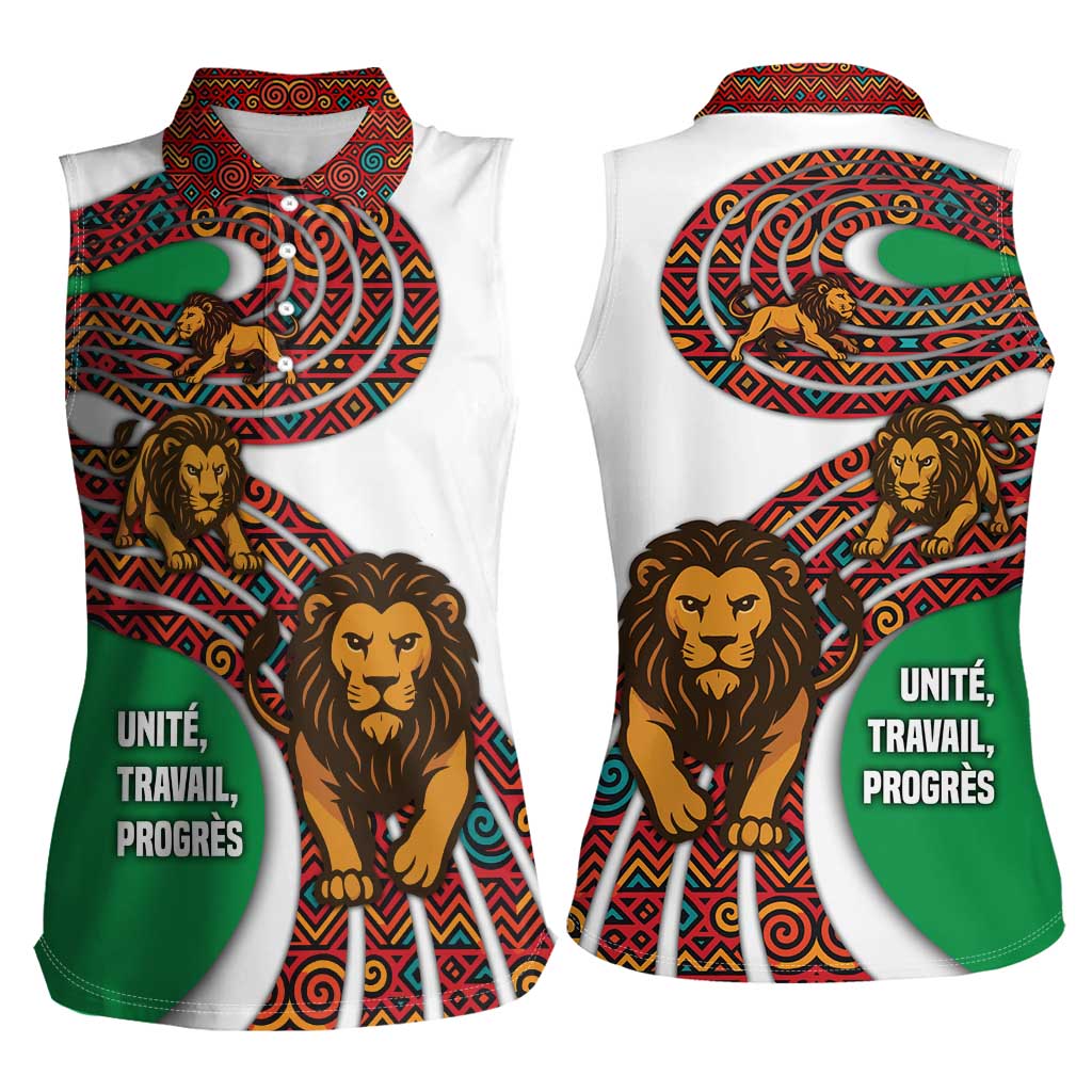 Burundi Lion Tribal Pattern Women Sleeveless Polo Shirt with National Motto Unité Travail Progrès