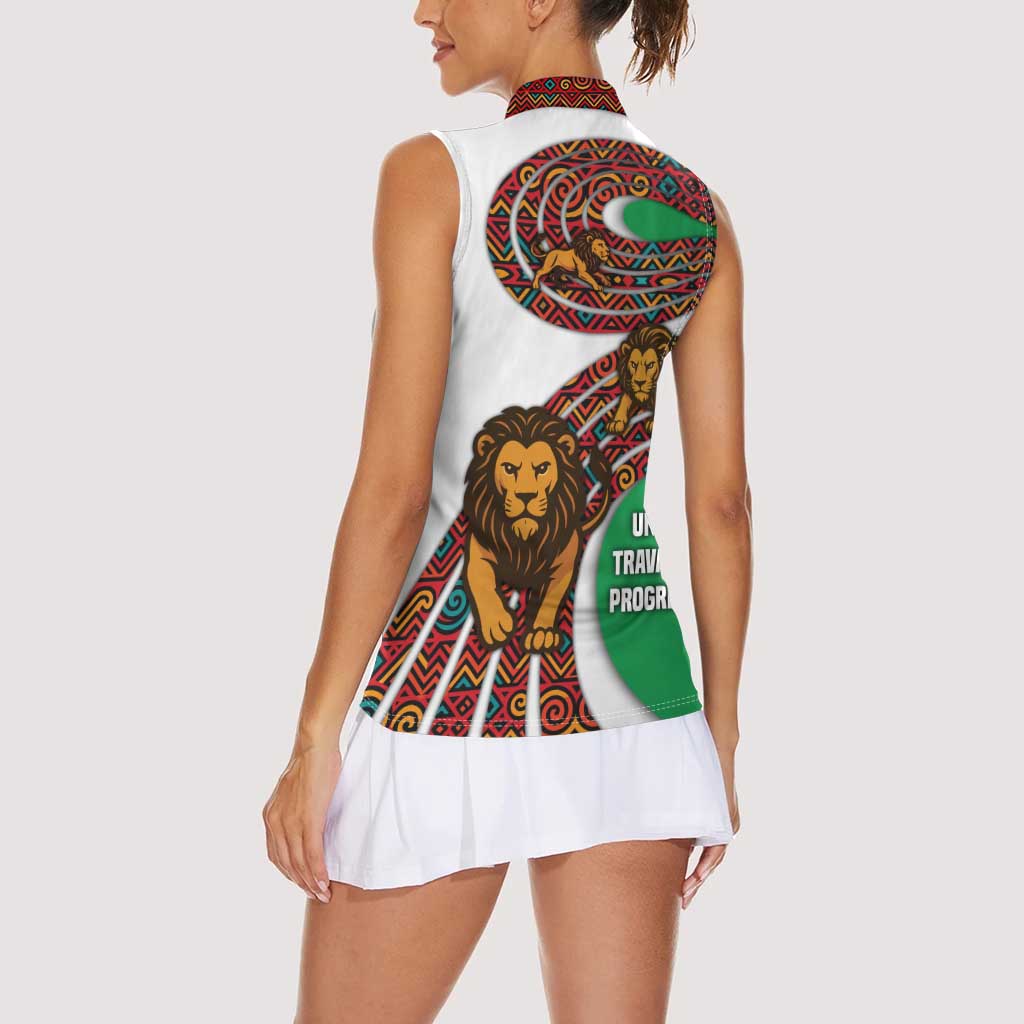 Burundi Lion Tribal Pattern Women Sleeveless Polo Shirt with National Motto Unité Travail Progrès