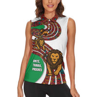 Burundi Lion Tribal Pattern Women Sleeveless Polo Shirt with National Motto Unité Travail Progrès
