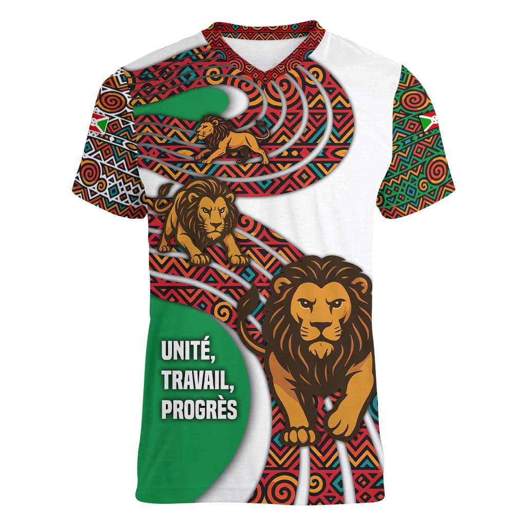 Burundi Lion Tribal Pattern Women V-Neck T-Shirt with National Motto Unité Travail Progrès
