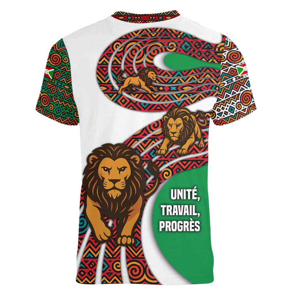Burundi Lion Tribal Pattern Women V-Neck T-Shirt with National Motto Unité Travail Progrès