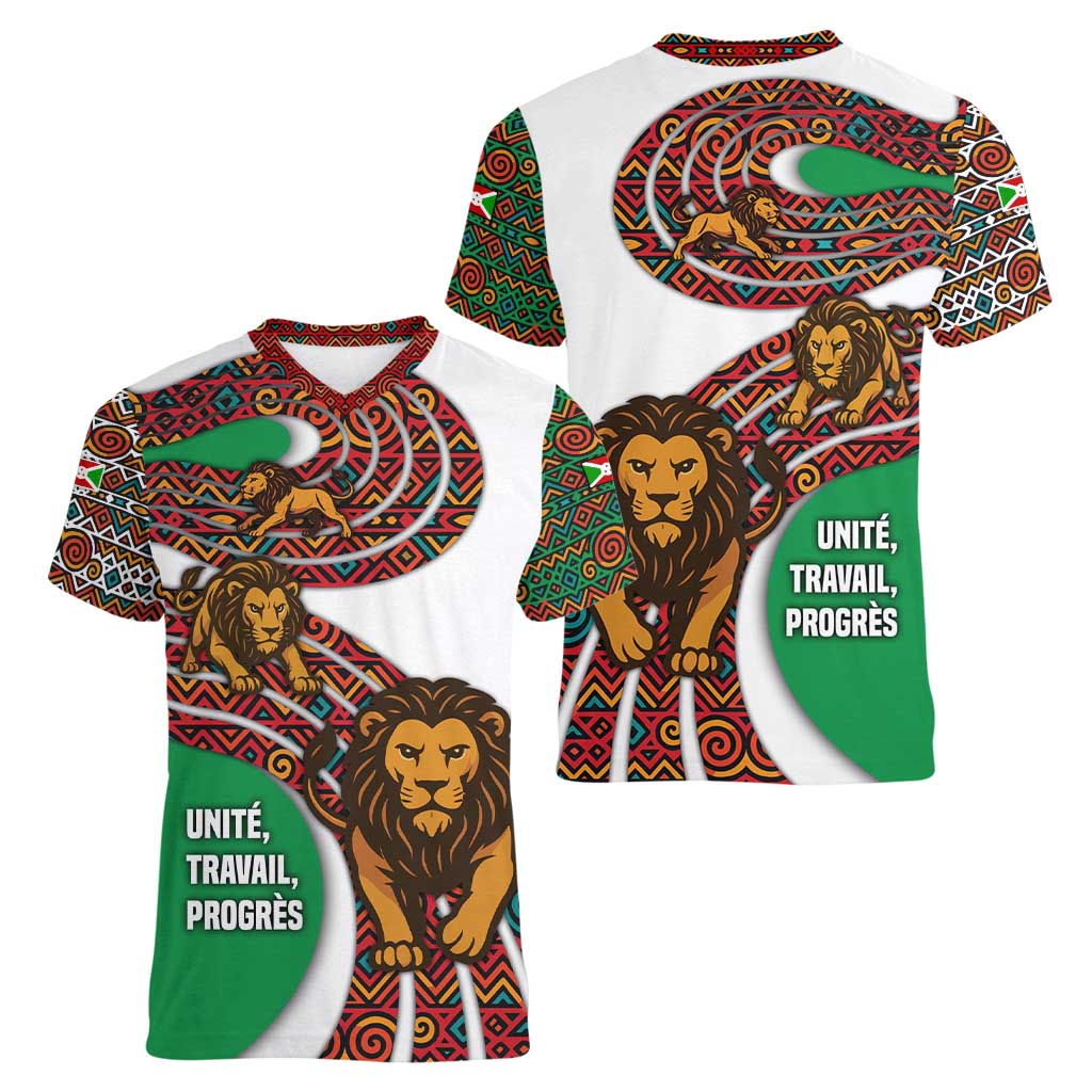 Burundi Lion Tribal Pattern Women V-Neck T-Shirt with National Motto Unité Travail Progrès