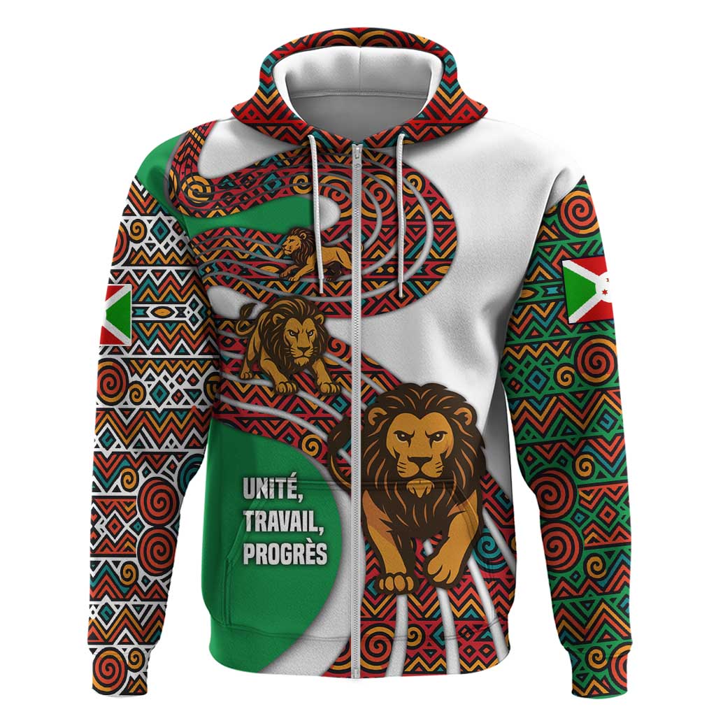 Burundi Lion Tribal Pattern Zip Hoodie with National Motto Unité Travail Progrès