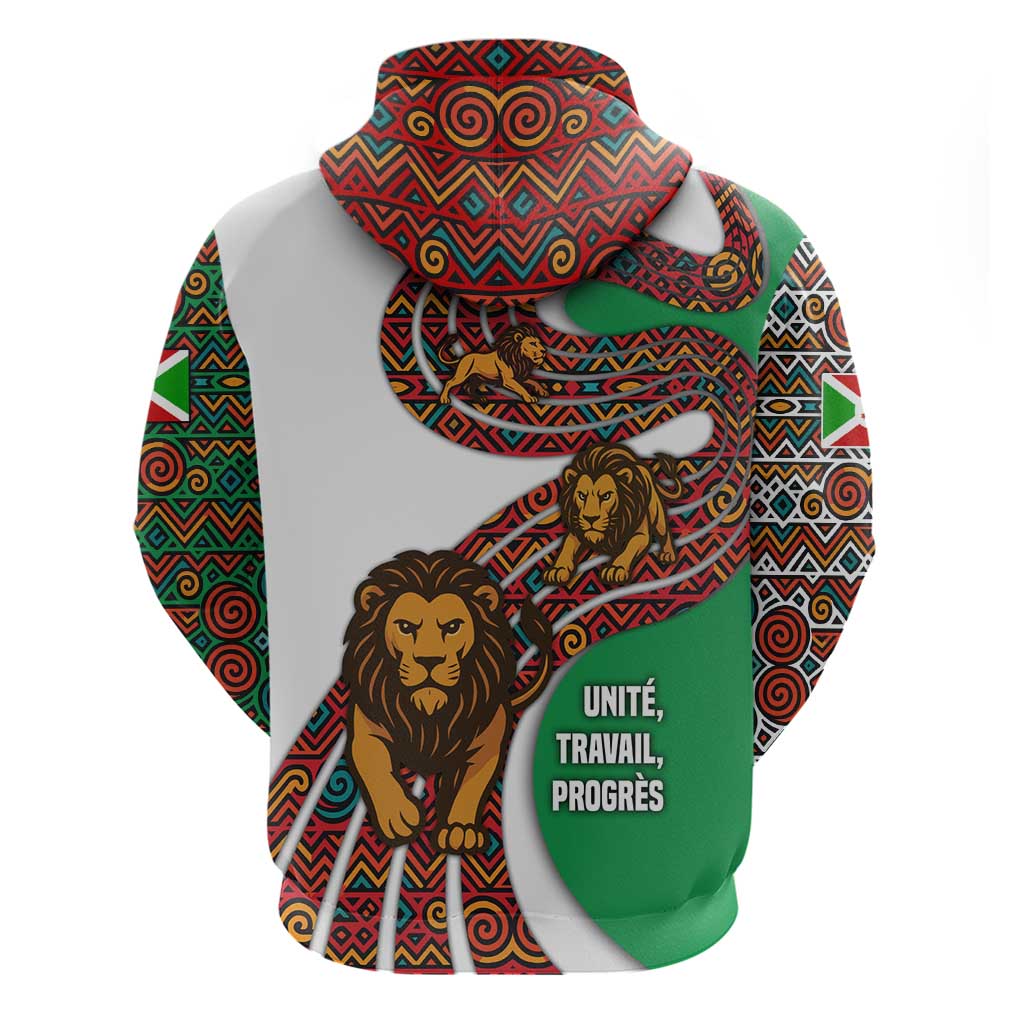 Burundi Lion Tribal Pattern Zip Hoodie with National Motto Unité Travail Progrès