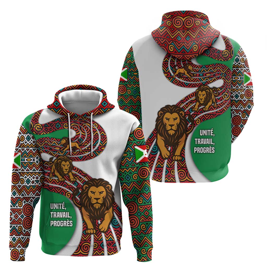 Burundi Lion Tribal Pattern Zip Hoodie with National Motto Unité Travail Progrès