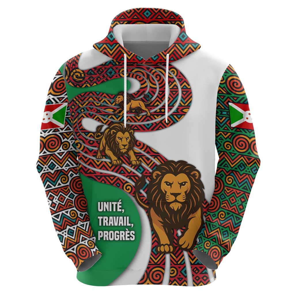 Burundi Lion Tribal Pattern Zip Hoodie with National Motto Unité Travail Progrès