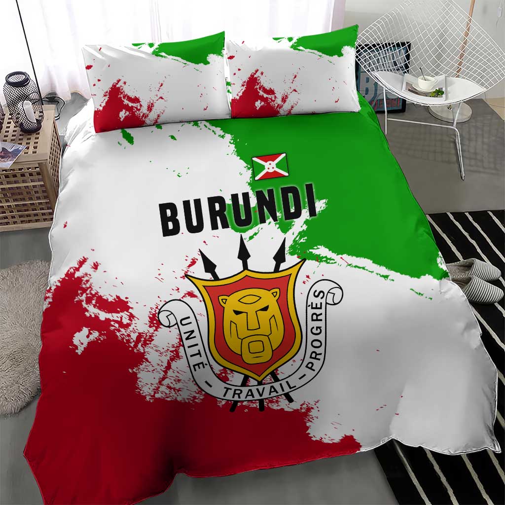 Burundi Flag Bedding Set with National Emblem and Motto Unité Travail Progres