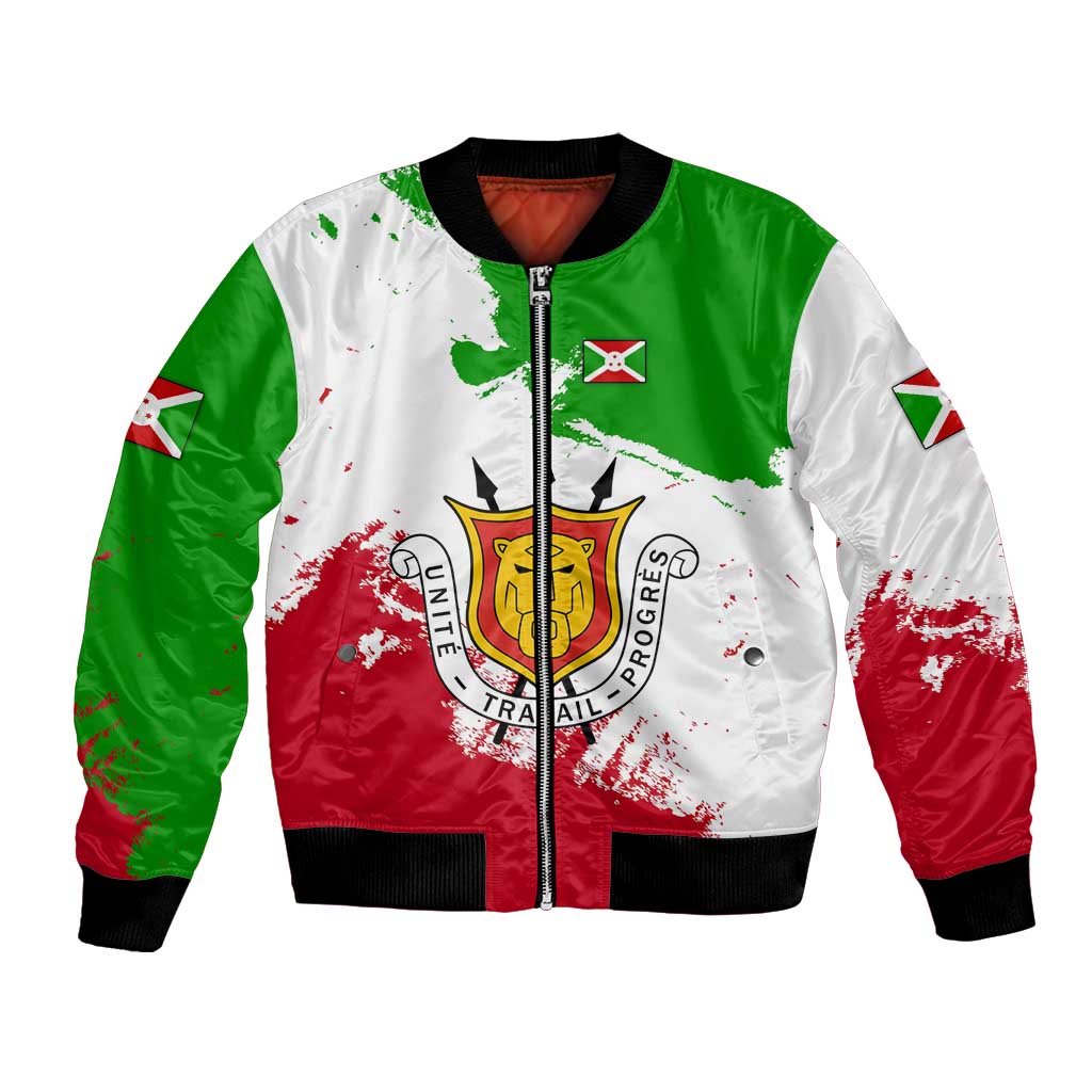 Burundi Flag Bomber Jacket with National Emblem and Motto Unité Travail Progres