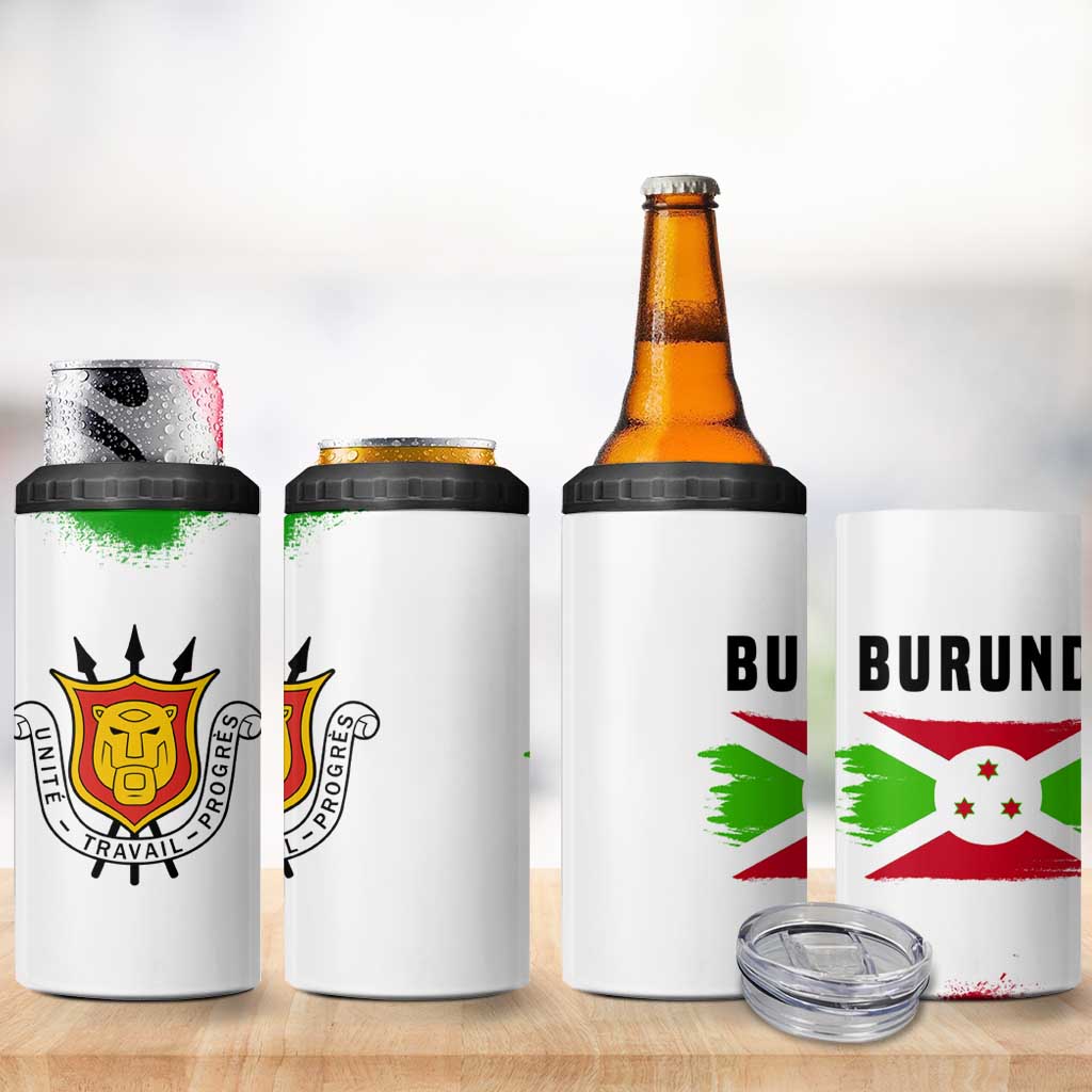 Burundi Flag 4 in 1 Can Cooler Tumbler with National Emblem and Motto Unité Travail Progres