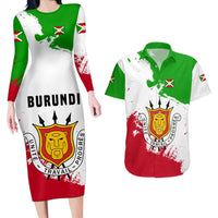 Burundi Flag Couples Matching Long Sleeve Bodycon Dress and Hawaiian Shirt with National Emblem and Motto Unité Travail Progres