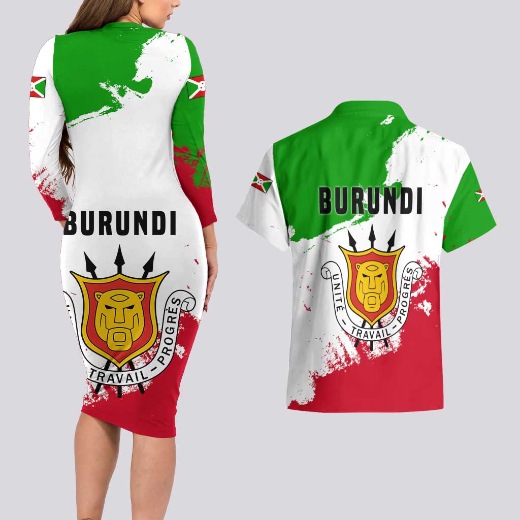 Burundi Flag Couples Matching Long Sleeve Bodycon Dress and Hawaiian Shirt with National Emblem and Motto Unité Travail Progres