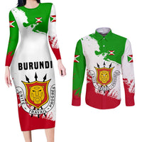 Burundi Flag Couples Matching Long Sleeve Bodycon Dress and Long Sleeve Button Shirt with National Emblem and Motto Unité Travail Progres