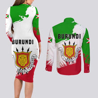 Burundi Flag Couples Matching Long Sleeve Bodycon Dress and Long Sleeve Button Shirt with National Emblem and Motto Unité Travail Progres