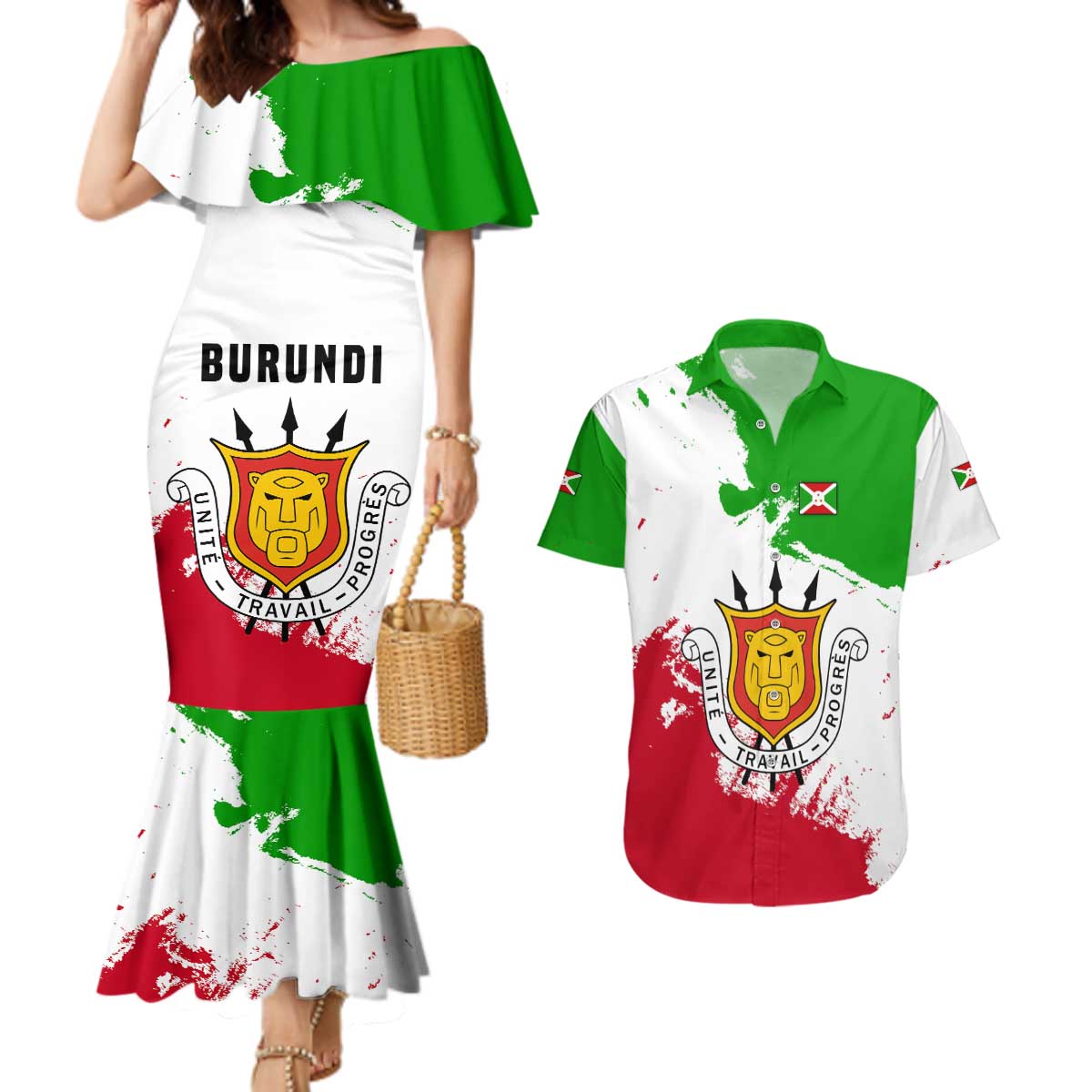 Burundi Flag Couples Matching Mermaid Dress and Hawaiian Shirt with National Emblem and Motto Unité Travail Progres