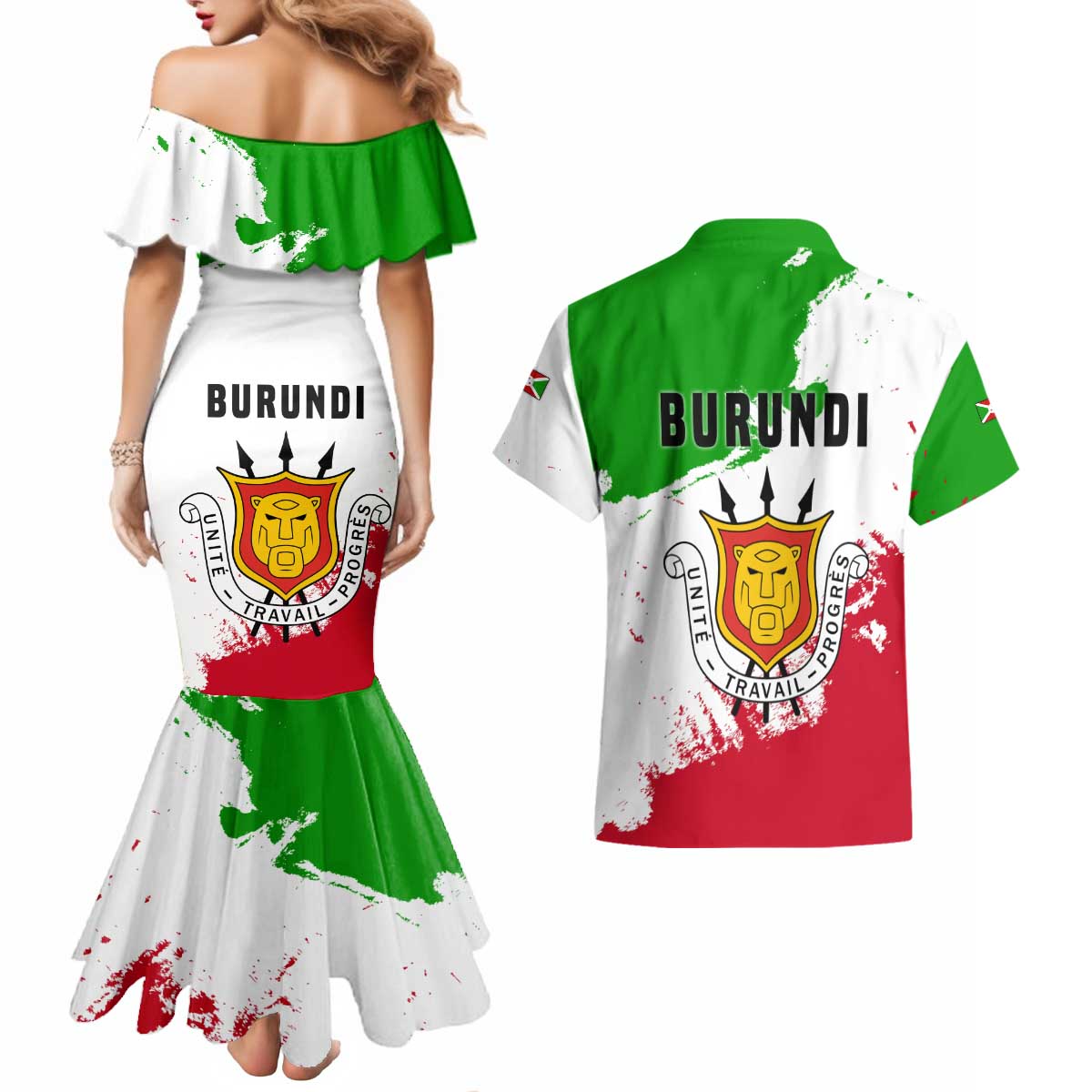 Burundi Flag Couples Matching Mermaid Dress and Hawaiian Shirt with National Emblem and Motto Unité Travail Progres