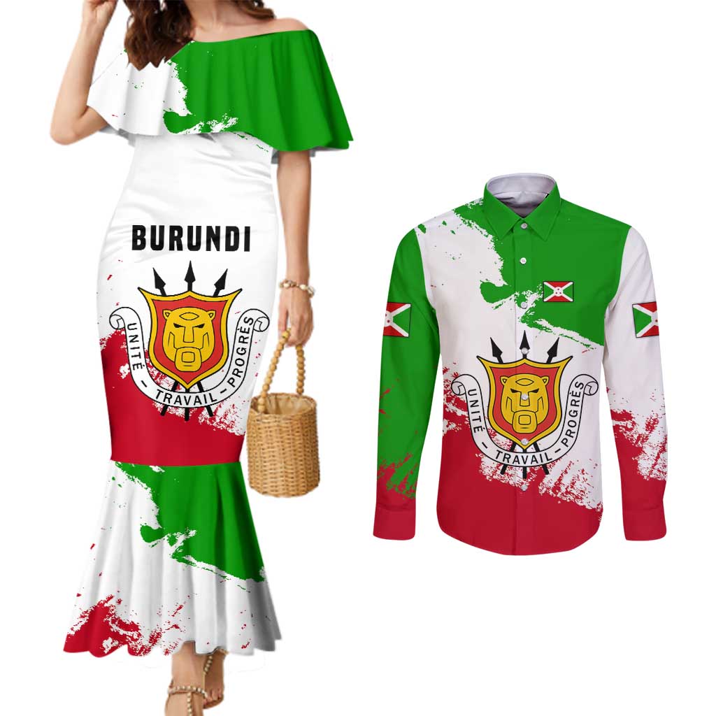 Burundi Flag Couples Matching Mermaid Dress and Long Sleeve Button Shirt with National Emblem and Motto Unité Travail Progres