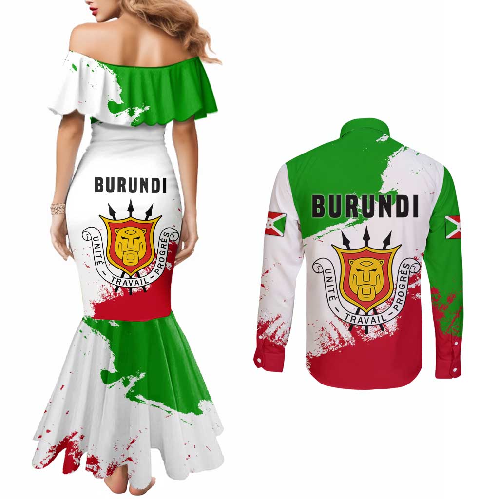 Burundi Flag Couples Matching Mermaid Dress and Long Sleeve Button Shirt with National Emblem and Motto Unité Travail Progres