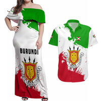 Burundi Flag Couples Matching Off Shoulder Maxi Dress and Hawaiian Shirt with National Emblem and Motto Unité Travail Progres